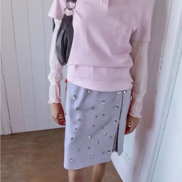 La ciel bleu 아일렛 저지 스커트 미디 스커트 그레이