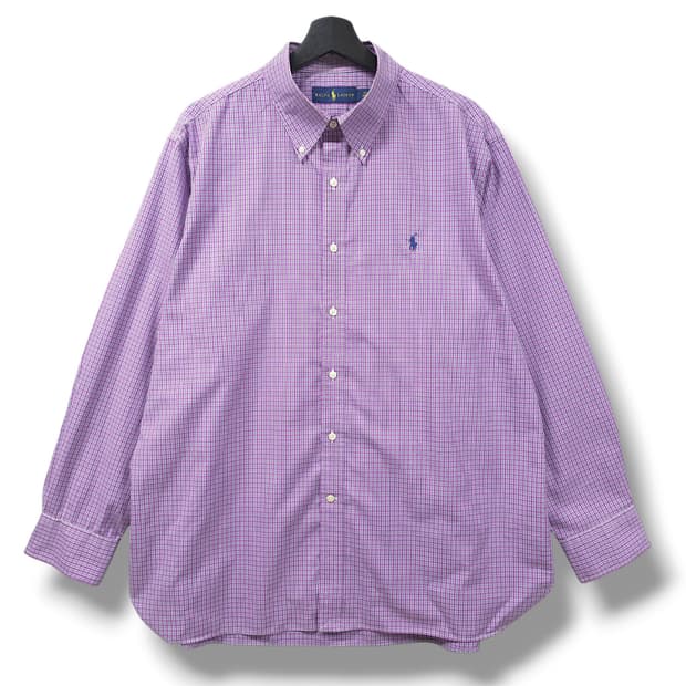 [2XL] 폴로 퍼플 체크 네이비포니 오버핏 코튼 긴팔셔츠