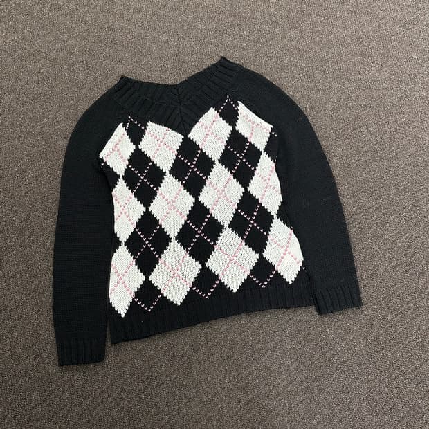 M)Japanese vintage 여성 브이넥 아가일 니트