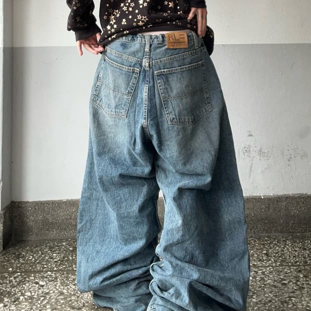 90s POLO 중청 데님 와이드 힙합팬츠