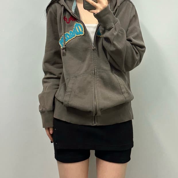 후아유 빈티지 디테일 카키 후드집업