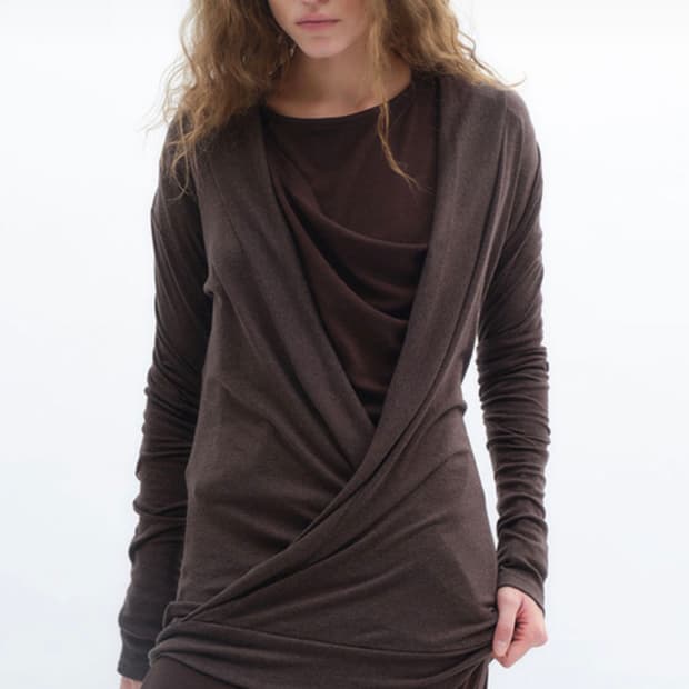 REPOS) V NECK SHAWL T-SHIRTS (BROWN)
