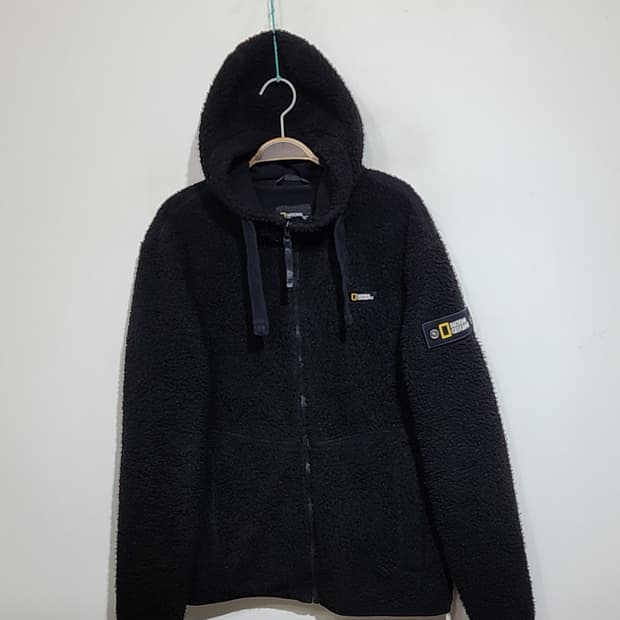 (M) 내셔널지오그래픽 플리스 점퍼 블랙 뽀글이 후리스 후드자켓 