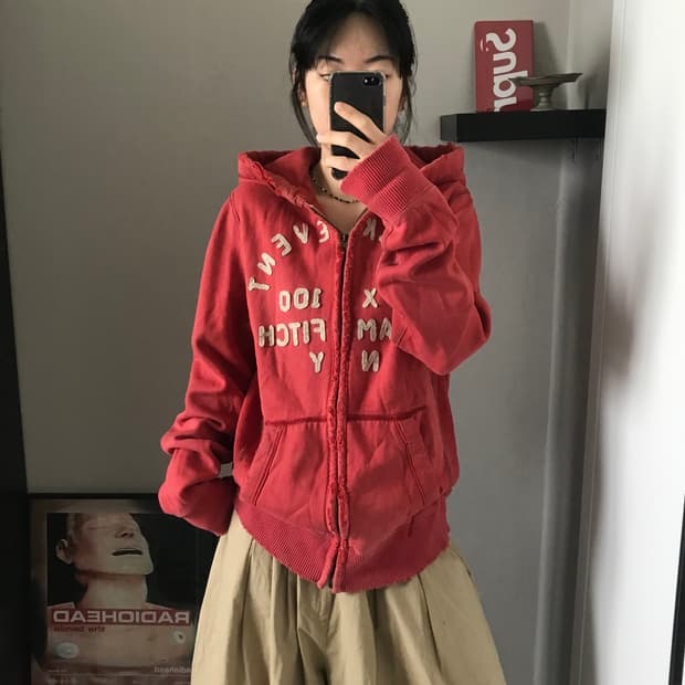 아베크롬비 자수 로고 다홍 헤비 후드집업