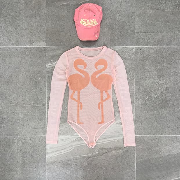 Pink skin flamingo mesh body suit🦩