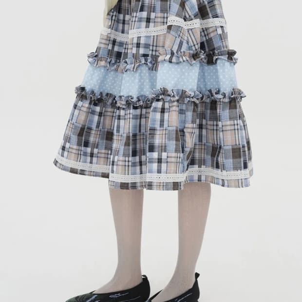 타입서비스 Lace Trim Ruffled Check skirt