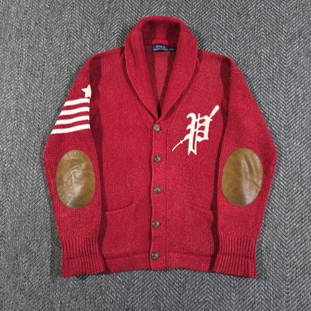 폴로 랄프로렌 엘보패치 숄카라 레터맨 가디건
