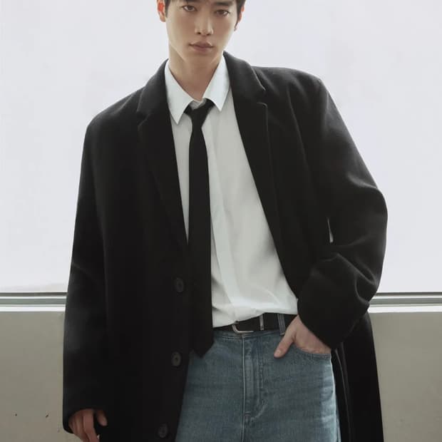 [서강준 착용] 드로우핏 프리미어 퓨어 캐시미어 히든 싱글 코트 블랙 X