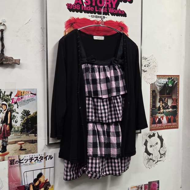 JPN 핑크 체크 슬리브리스 SET