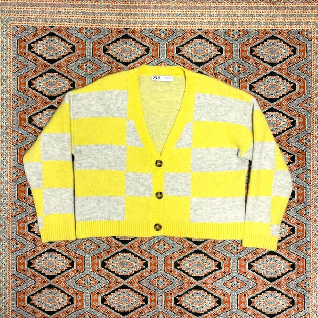 자라 옐로우 체크 크롭 가디건 여성S