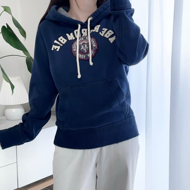 아베크롬비 네이비 아플리케 빈티지워싱 기모 후드티 [ M ]