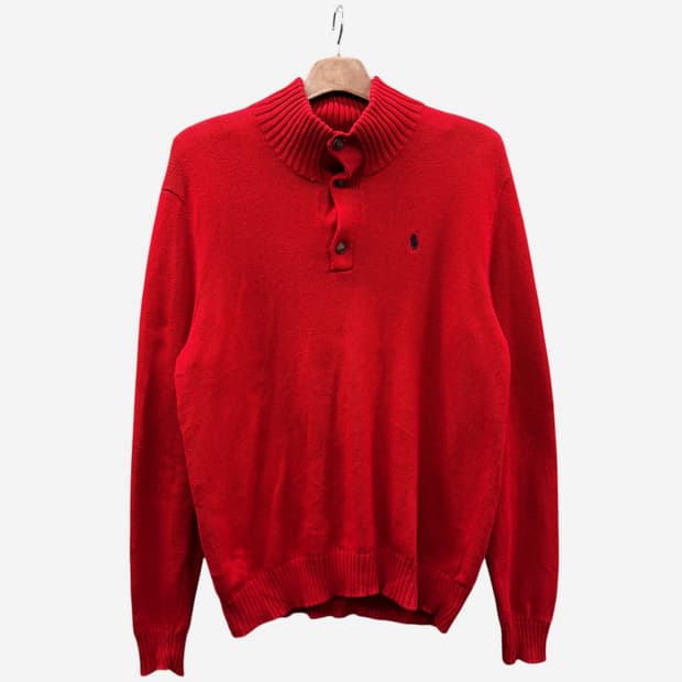 폴로 랄프로렌 하프 버튼넥 니트 우드톤 버튼 포니자수 디테일 솔리드레드