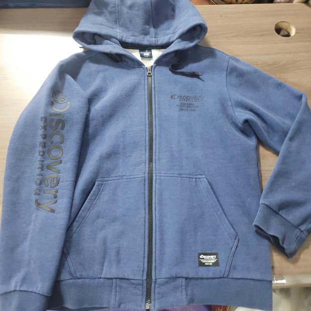 디스커버리 익스페디션 남성 기모 소매 로고 후드 집업 100