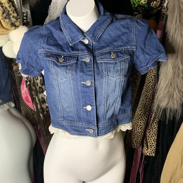 키치 퍼프 레이스 숏 데님자켓