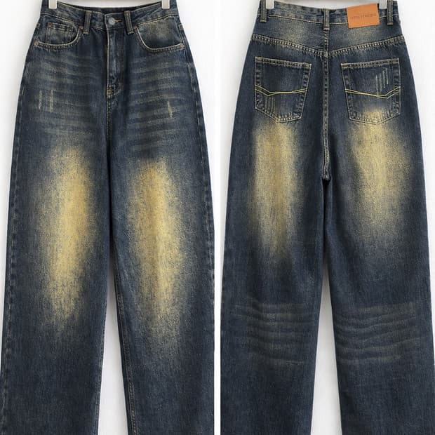 워싱 데님 와이드 팬츠