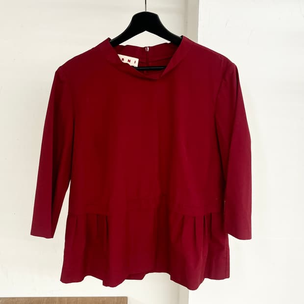 마르니 레드 3/4 소매 모의 목탑 블라우스