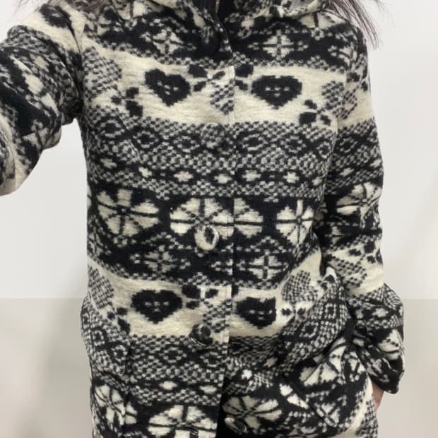 (빈티지)하트 자카드패턴 울 후드 롱 자켓