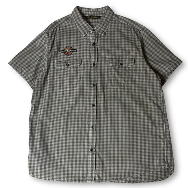 할리데이비슨 그레이 투포켓 체크 자수 와펜 반팔 셔츠 2XL