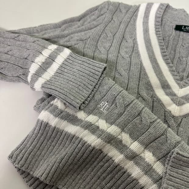 우먼S 로렌랄프로렌 그레이 브이넥 꽈배기면니트