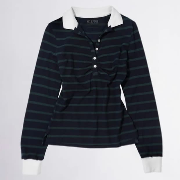 Shirring Tennis Shirt Navy/Green Stripe