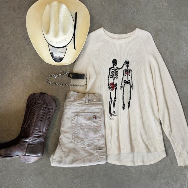 THRIFTY LOOK 스컬 와플 래글런 티셔츠