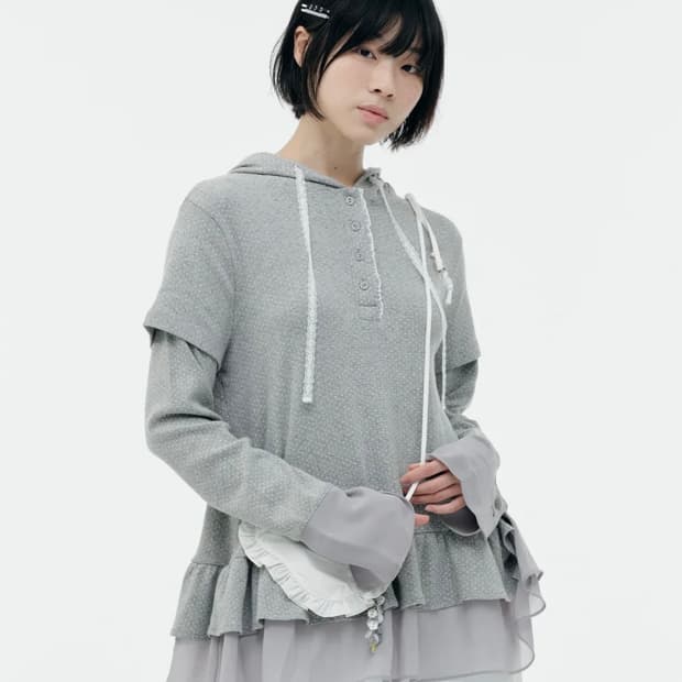 뚜오미오 FRILL CHIFFON HOODIE [HEATHER GREY]