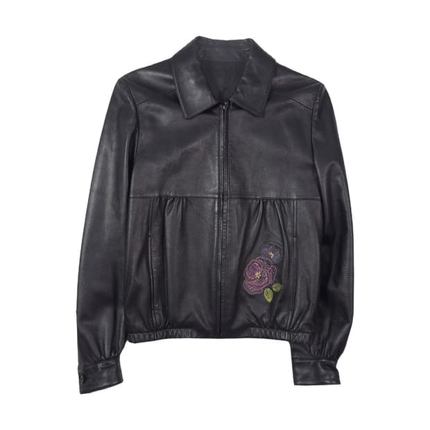 빈티지 플라워 자수 리얼 양가죽 블루종 자켓