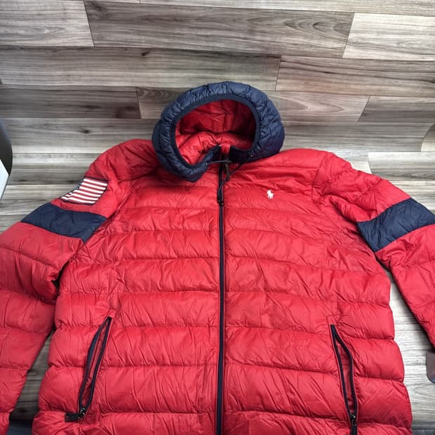 폴로 랄프 로렌 USA 플래그 후드 경량 패딩 레드