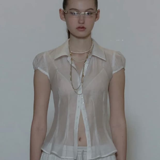스컬프터 반팔 블라우스 (Sheer Pleated Hem Blouse)