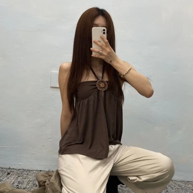 [2994]Brown halter neck beaded tube top#