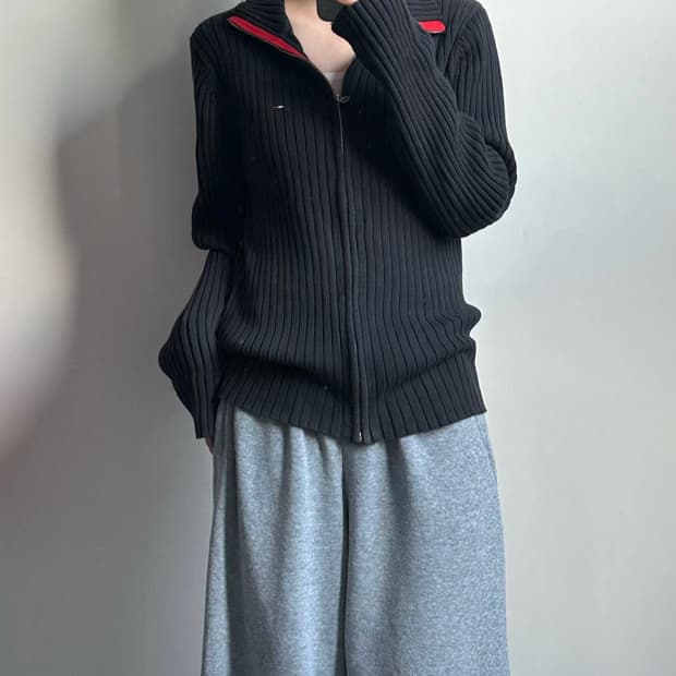 타미힐피거 자수로고 네이비 골지 니트집업 가디건