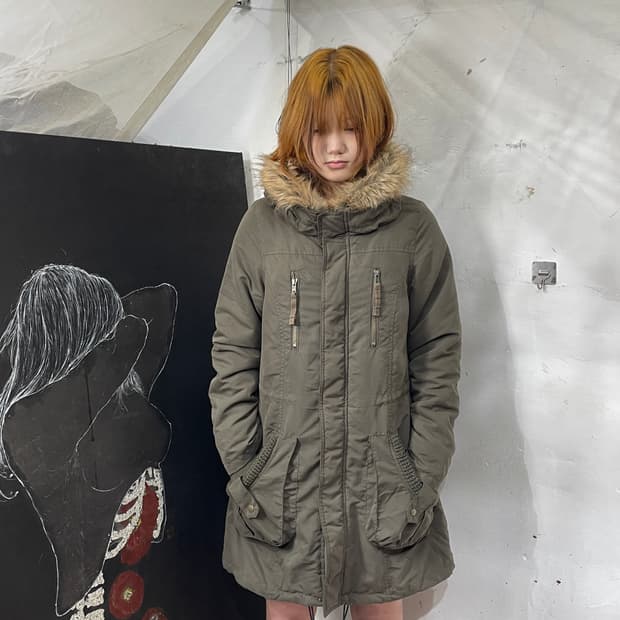 일본빈티지 y2k 라쿤 퍼 롱 자켓 야상 M