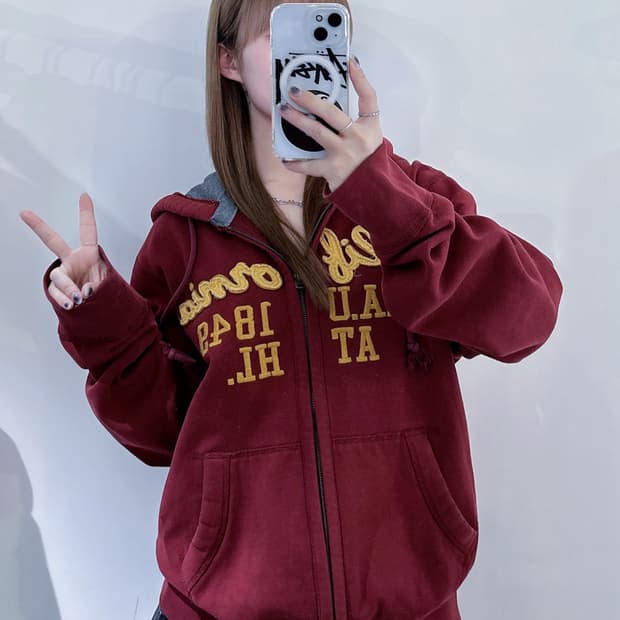 후아유 버건디 후드집업