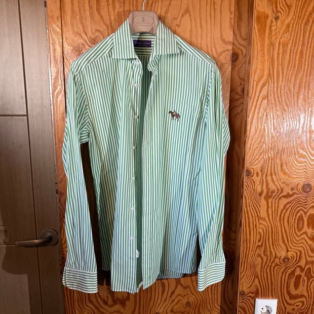 랄프로렌 퍼플라벨 그린 스트라이프 로고 드레스 셔츠