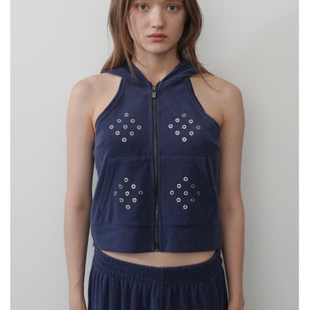 페인츄얼 Sleeveless Terry Zip Hoddie-Navy
