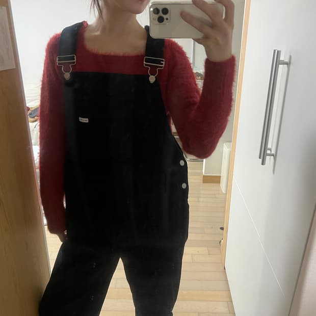 red knit, navy corduroy  jumpsuit set