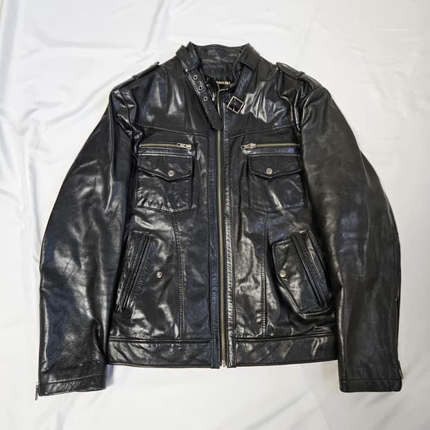 론프리미어골드 하이넥 버클 양가죽 레더자켓 램스킨 100