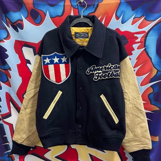 일본 빈티지 헤비 멜톤 울 × 리얼 레더 소매 바시티 자켓