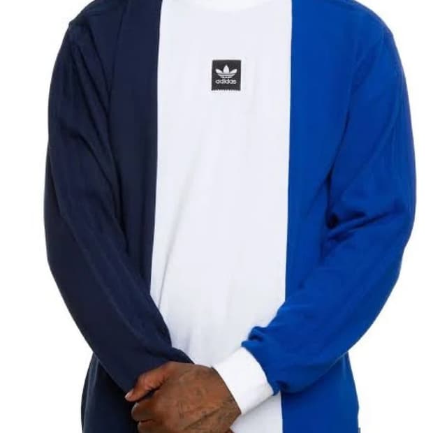 남S 아디다스 네이비 블루 화이트 배색 긴팔 면 티셔츠