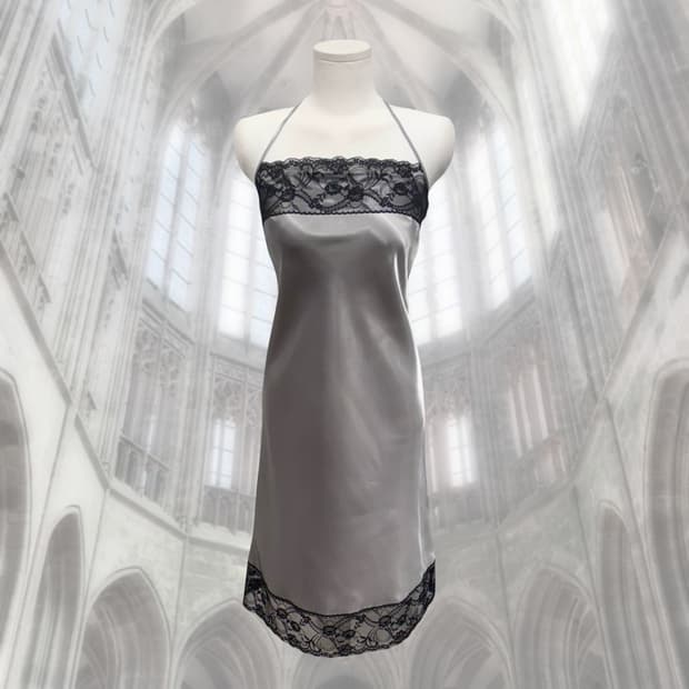 빈티지 실버 새틴 레이스 홀터넥 슬립 원피스