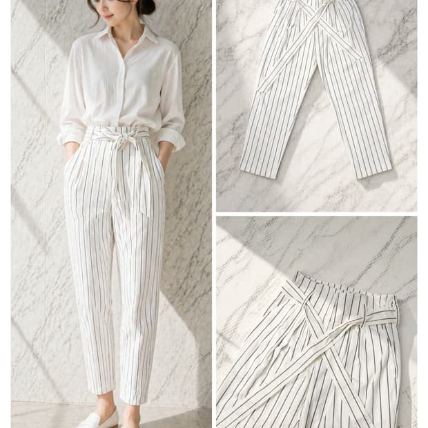 타임 포스트모던 스트라이프 테이퍼드 팬츠 / 여름용 / 하이웨스트