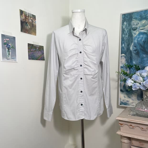sheer gray stripe shirring detail shirt