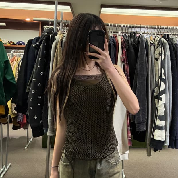 OS)Japanese vintage 여성 브라운 그물 나시