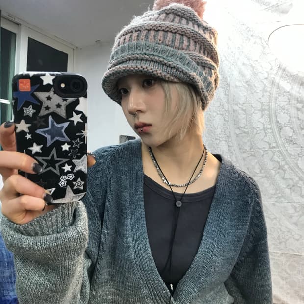 빈티지 핑크 방울 니트모자 