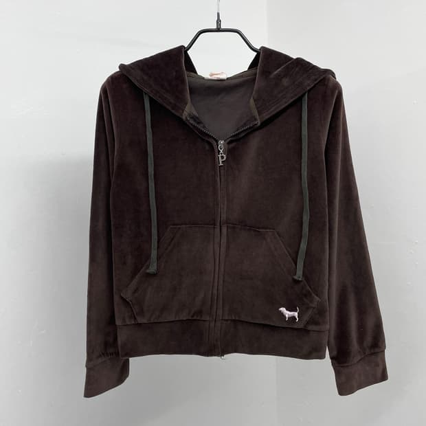 브라운 벨벳 핑크 로고 집업