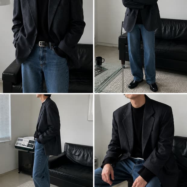 입생로랑 울 스트라이프 2버튼 파워숄더 블레이져 자켓