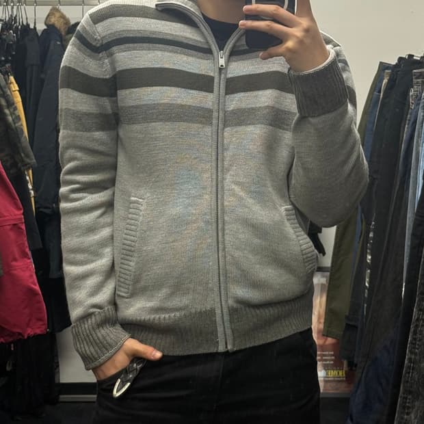 DKNY 도나카란 스트라이프 메리노 울 니트 집업 M 95 뉴욕 미니멀