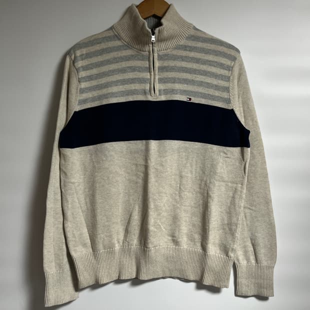 공용 타미힐피거 스트라이프 반집업 니트 스웨터 M