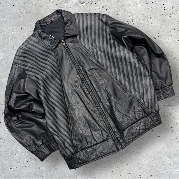[77] BONHEUR 빈티지 블랙 스트라이프 레더 가죽 자켓 D86