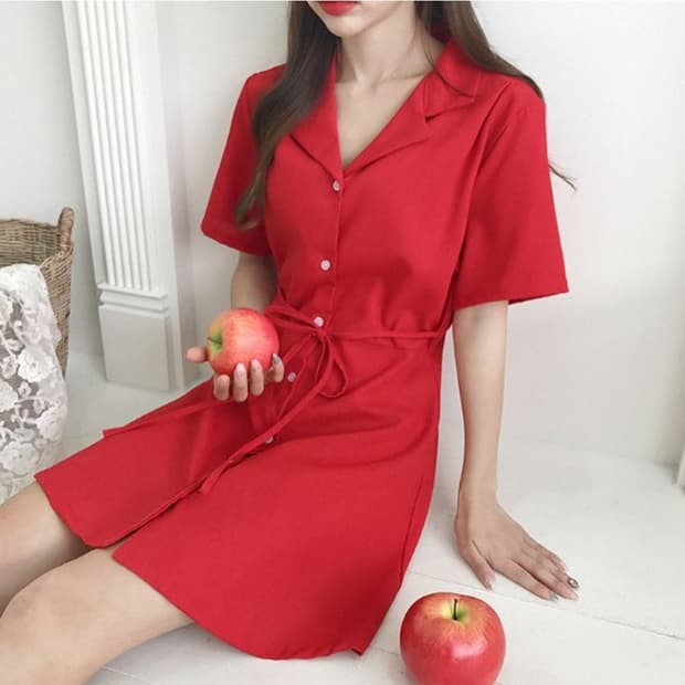 레드 린넨 반팔원피스